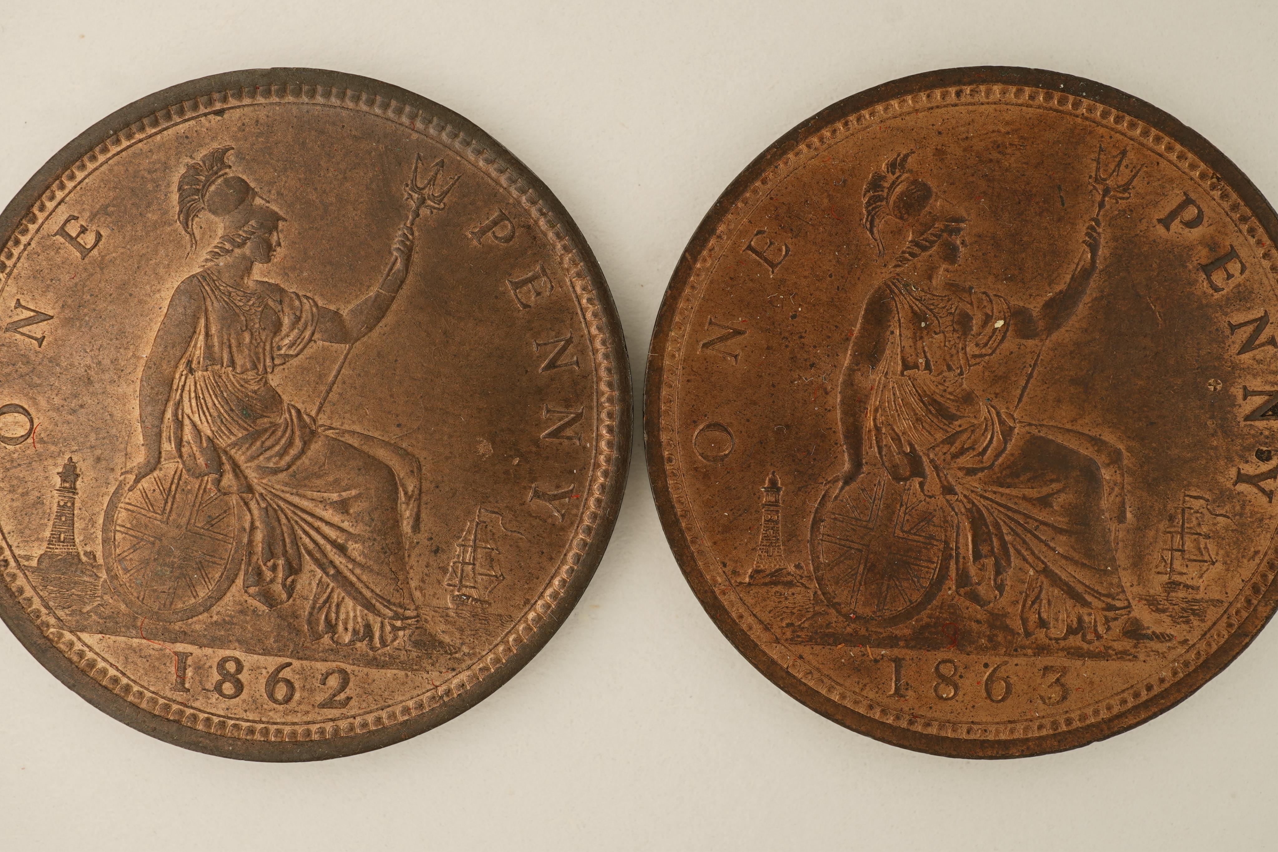British coins, Victoria, two bronze pennies;, 1862, Fr. 39, Gouby dies J/g, crisp striking, good EF, lustre., 1863, Fr. 42, Gouby dies J/g, EF, lustre.